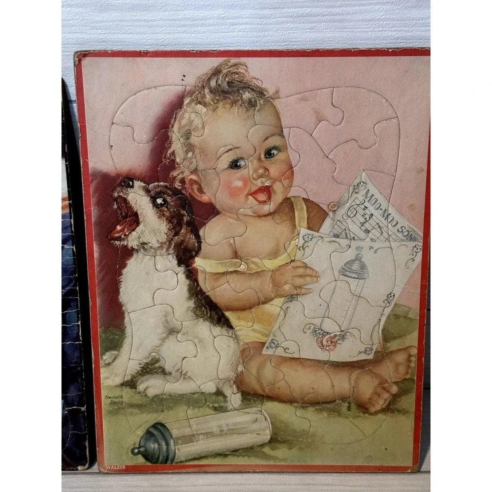 Vintage Bedtime Prayer & Charlotte Becker Baby Puppy Cardboard Tray Puzzles Set